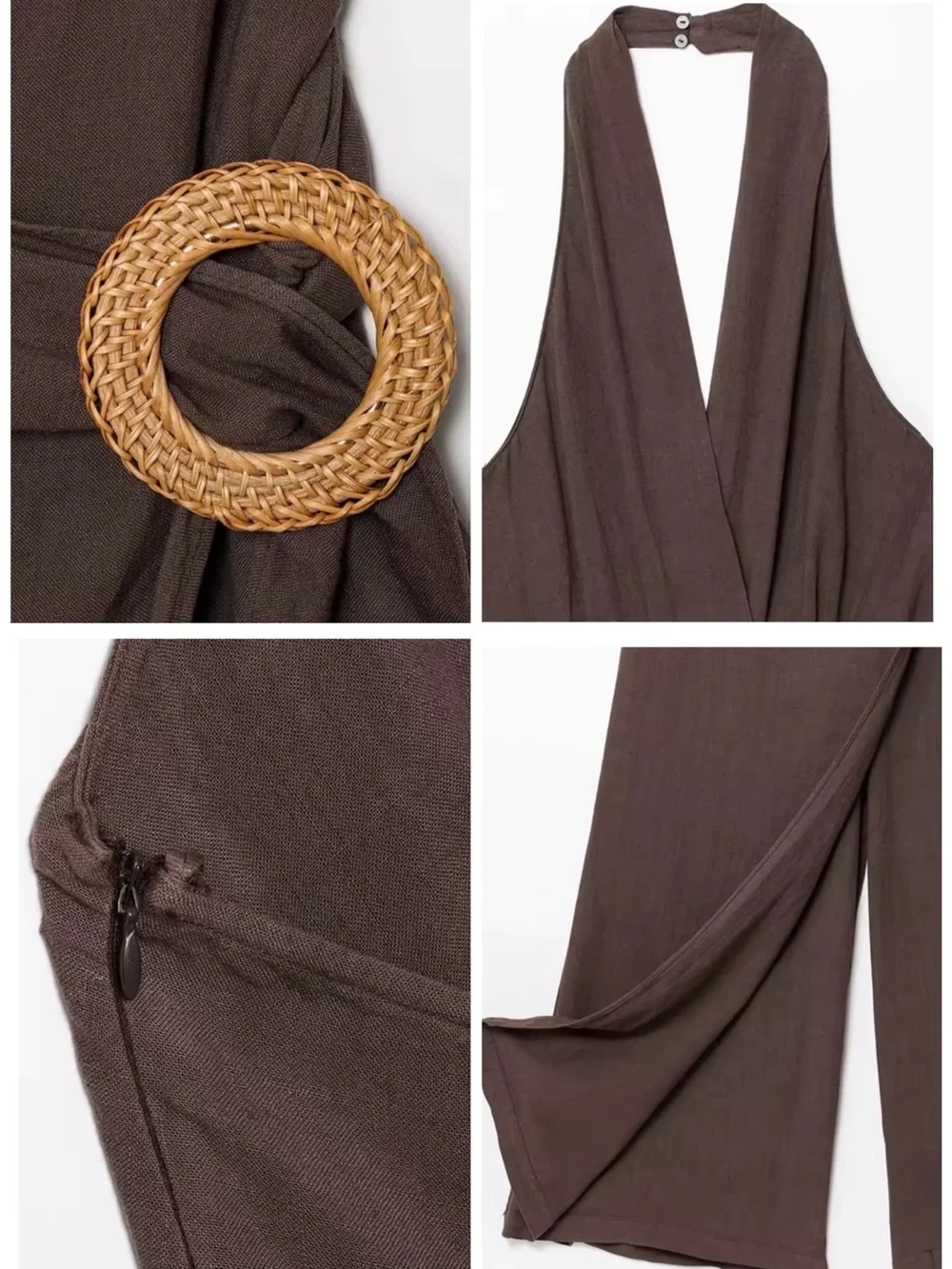 Zara Rami Jumpsuit Halterneck Crossover V-Neck Pareo w Buckle Open Back Brown L
